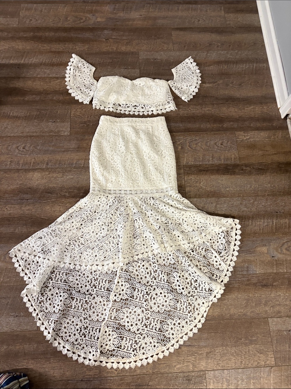 Ivory Lace Off-Shoulder Midi Two-Piece Dress